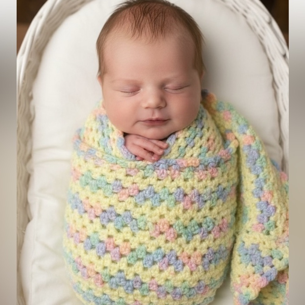 Handmade Crochet Baby Blanket Multi-color pastel unisex yellow rainbow